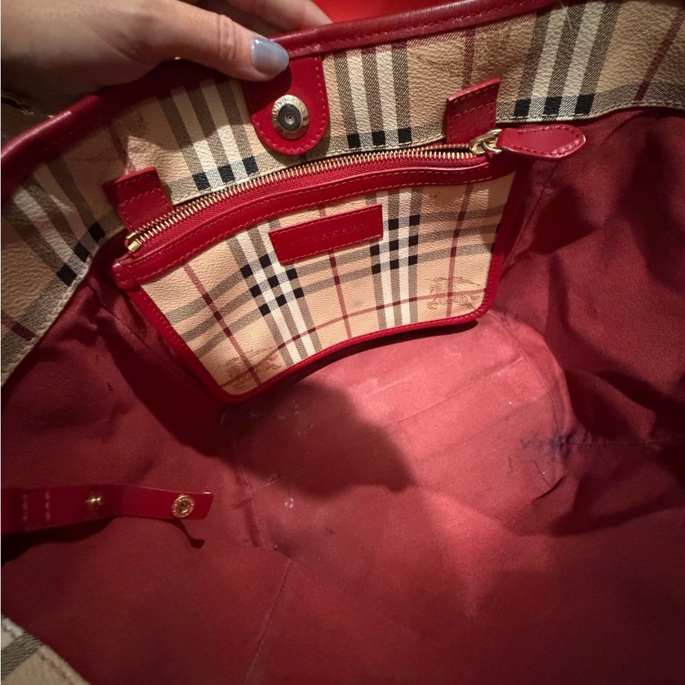 Burberry Nova Check Tote – Red Leather Trim